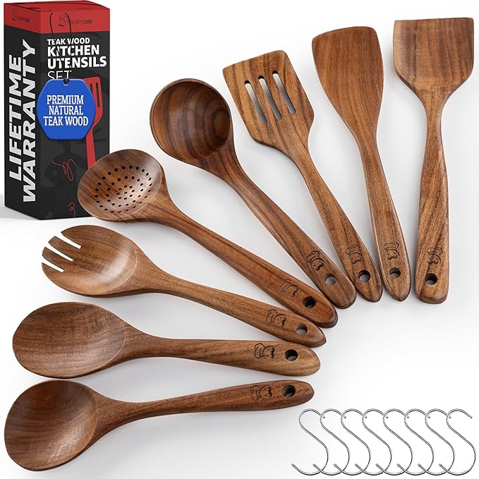 PriorityChef Premium Wooden Spoons for Cooking - 8pc Smooth Finish Teak Utensil Set with Hanging Hooks, Heat-Resistant & Nonstick Safe, Ideal for Gifting-Ruum Studio Home