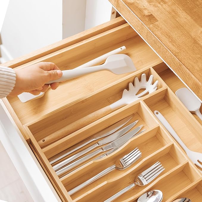 Premium Silverware, Flatware and Utensil Organizer for Kitchen Drawers, Food-Safe Contract Grade, Expandable from 14 to 25 In, Natural Bamboo-Ruum Studio Home