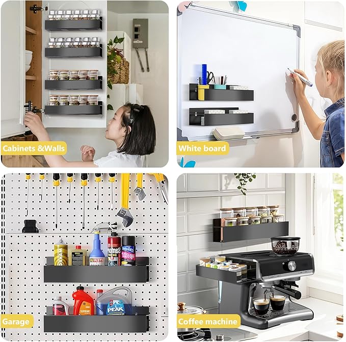 Magnetic Spice Rack Organizer for Fridge Seasoning Organizer for Kitchen storage with Screw or Adhesive Hanging,Magnetic Shelf with Hook for Refrigerator and Oven (Black, 5pack)-Ruum Studio Home