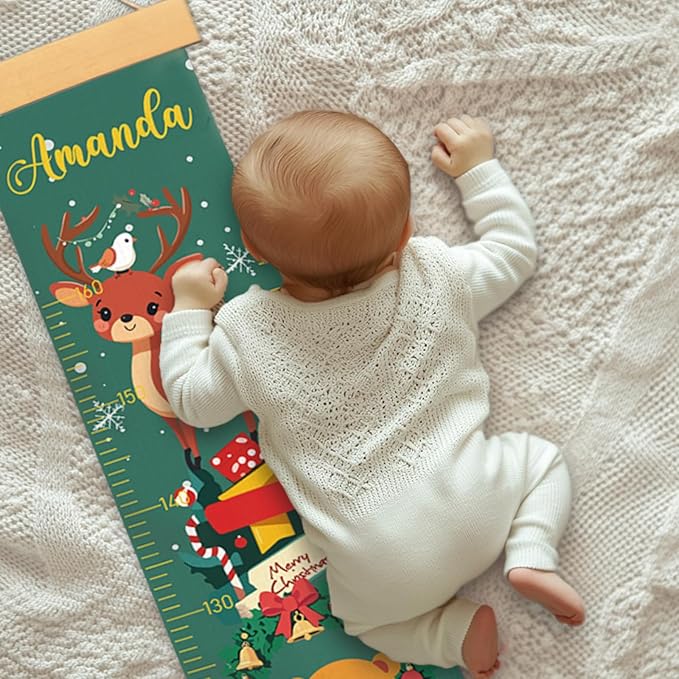 Personalized Name Growth Chart Wall Decor for Kids – Canvas Removable Height Chart Measuring Ruler 59" x 7.9" (Christmas Deer)-Ruum Studio Home