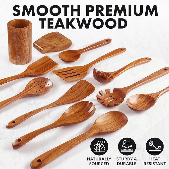 Zulay Kitchen 12-Piece Teak Wooden Utensils for Cooking - Natural Teak Utensil Set with Premium Gift Box - Non-Stick Wooden Spoons for Cooking - Kitchen Gift Set - Comfortable Grip Wooden Utensil Set-Ruum Studio Home