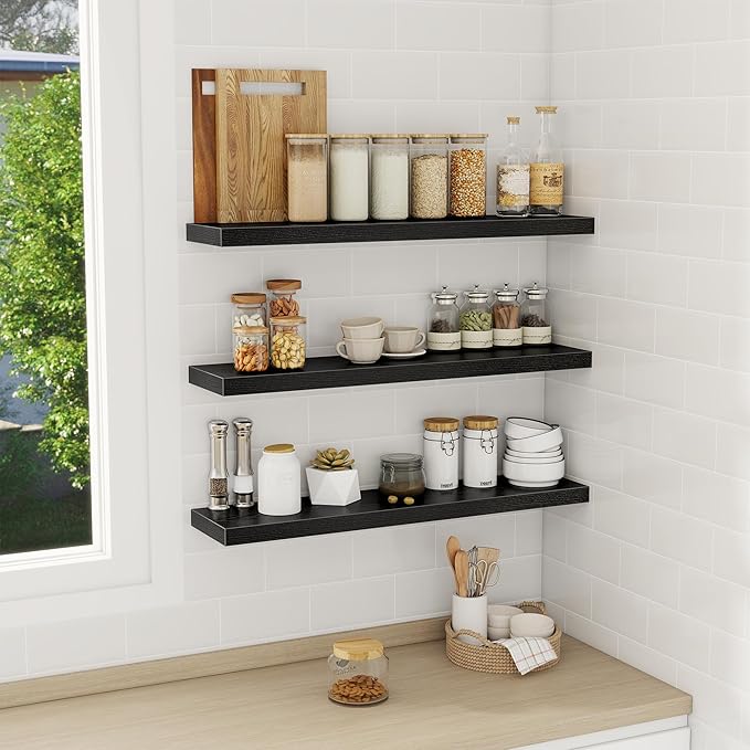 Fun Memories 32 Inch Floating Shelves Wall Shelf Set of 3, Black Bathroom Shelves 32 Inch, Farmhouse Home Decor Living Room, Kitchen Black Shelves for Wall, 32 x 6.7 x 1.4 Inch-Ruum Studio Home