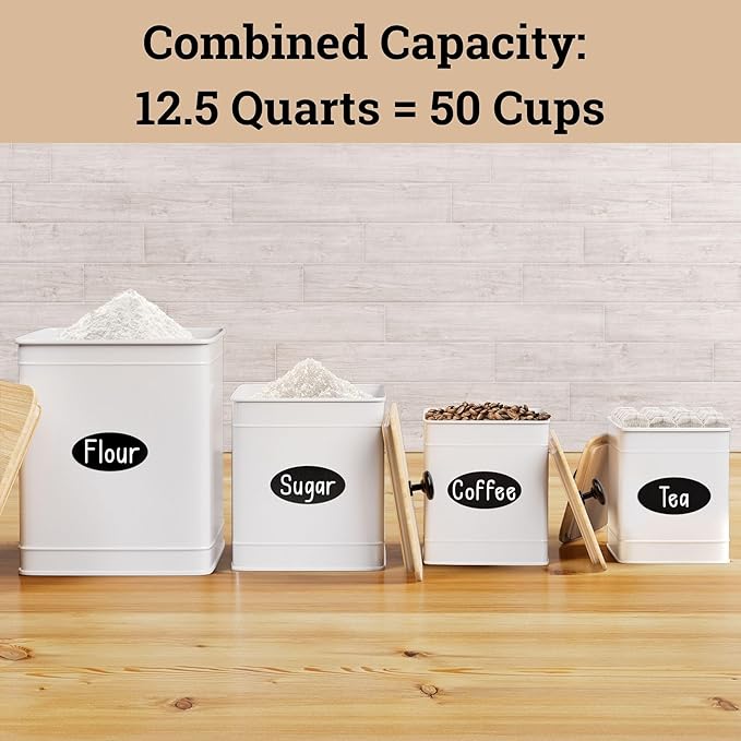 Kitchen Canisters for Countertop Set of 4 with Customizable Chalkboard Labels & Marker Pen - Big Iron Kitchen Canisters with Airtight Lids - Canisters Sets for the Kitchen - White Kitchen Canister Set-Ruum Studio Home