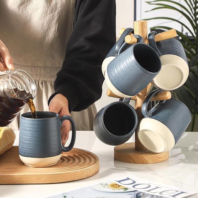 Hasense Porcelain Coffee Mugs Set of 6, 15 Ounce Large Ceramic Coffee Cups Set with Handle for Latte, Tea, Cocoa and Hot Chocolate, Dark Blue Coffee Mugs for Men and Women, Microwave Safe-Ruum Studio Home