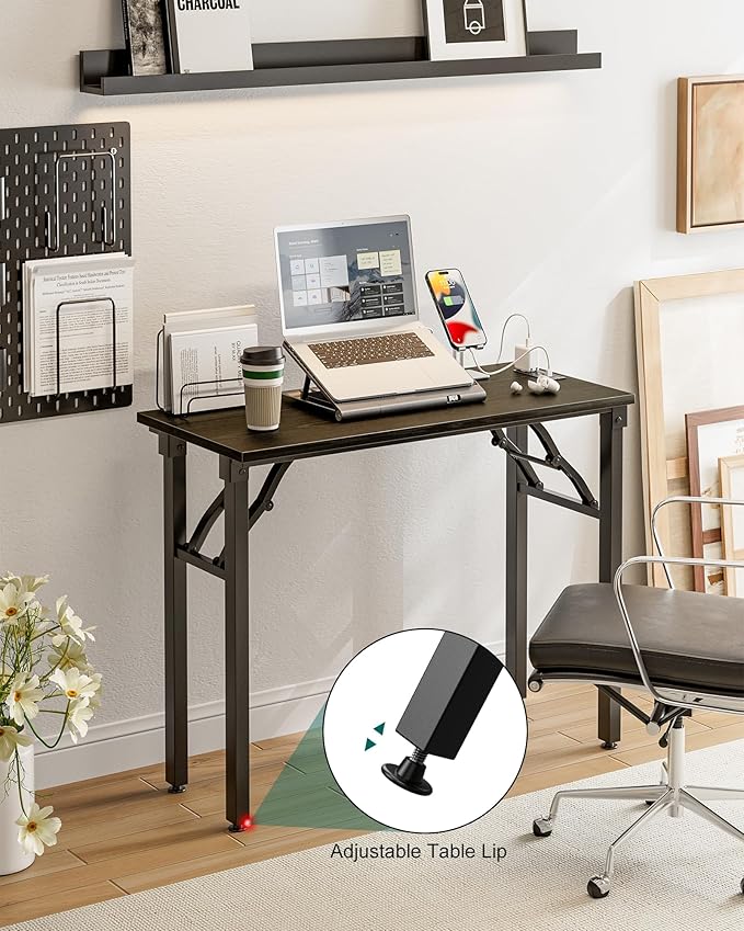 Frylr Small Folding Computer Desk β 35.8 Inch Portable Table for Craft and Study, Lightweight Desk for Small Spaces, Foldable Laptop Table Built-in AC/USB Outlets for Convenience, Dark Oak
