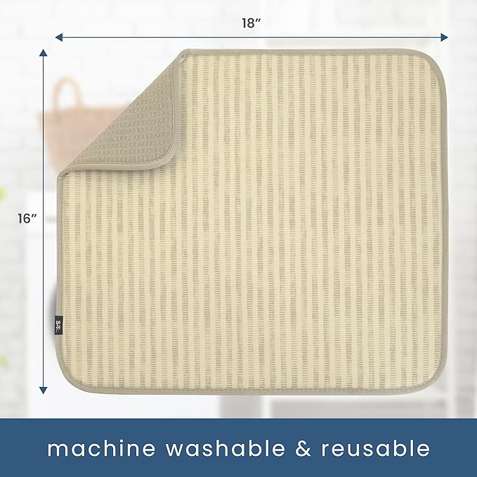 S&T INC. Dish Drying Mat, 16” x 18”, Absorbent Microfiber Kitchen Counter Mat, Dish Drying Pad for Dishes, Utensils, Pots and Pans, Large, Cream Distressed Lines-Ruum Studio Home
