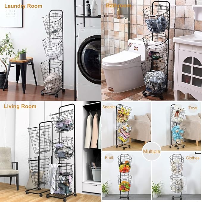 3 Tier Laundry Basket with Rolling Lockable Wheels Wire Metal Sorter Storage Trolley Shelf Basket Durable Metal Sorter Clothes Storage Trolley Shelf with Removable Hamper for Organizing Clothes-Ruum Studio Home