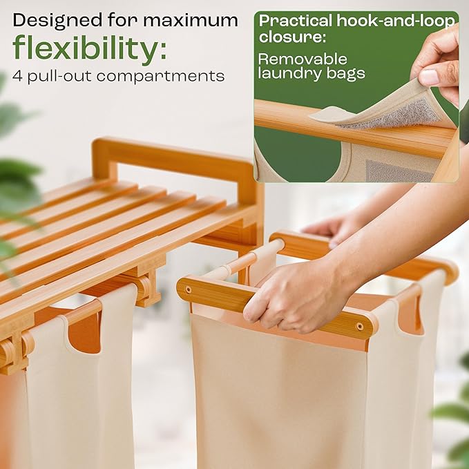 Laundry Sorter with 4 Sections beige, Hamper with Removable Cotton Bags & Wheels โ Perfect Laundry Organizer - Eco-Friendly Rolling Laundry Basket โ Durable Bamboo and Stylish Design-Ruum Studio Home