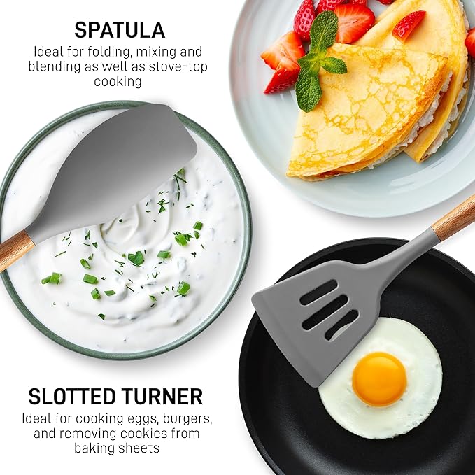 Zulay Kitchen Utensils Set Non-Stick Silicone Cooking Utensils Set with Authentic Acacia Wood Handles - 5 Piece Silicone Utensil Set - Kitchen Utensils Set with 464°F Heat Resistance - Gray-Ruum Studio Home