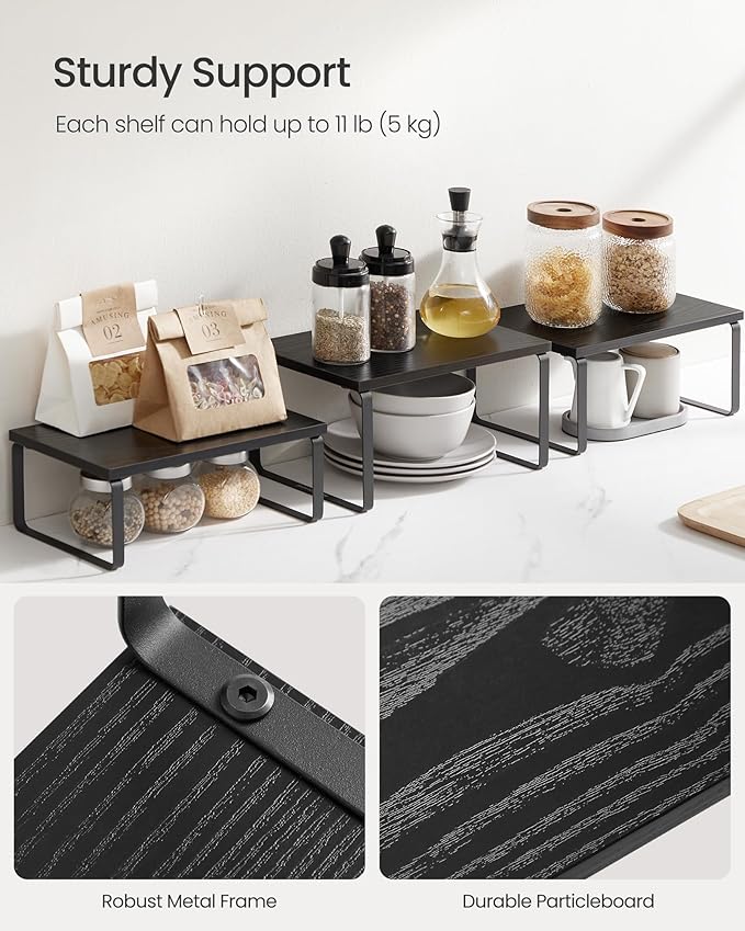 SONGMICS Cabinet Organizer Shelf, Set of 3 Kitchen Counter Shelves, Kitchen Storage, Spice Rack, Stackable, Expandable, Anthracite Gray and Matte Black UKCS220B01-Ruum Studio Home