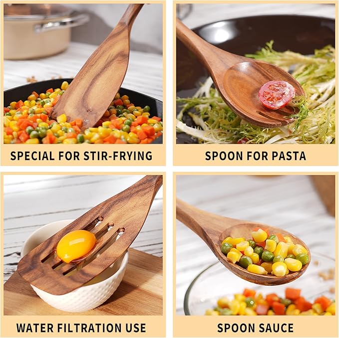 Wooden Cooking Utensils Set, 9 PCS Teak Wood Spoons, Spatula, Slotted Spoon, Handmade Modern Kitchen Utensils-Ruum Studio Home