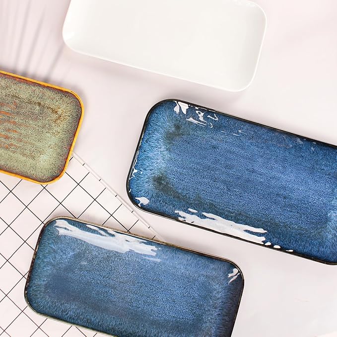Porcelain Dinner Plates Blue 2 PCS, Serving platters for entertaining, for Fruit, cheese, snack, Bread, cupcake, Salad - Scratch Resistant durable, Microwave, Dishwasher Safe-Ruum Studio Home