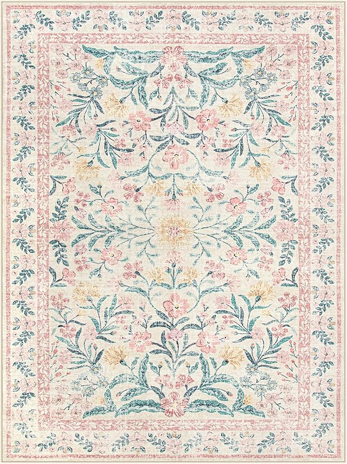 Wonnitar Floral Large Rugs for Living Room, Soft Light Pink Rug Washable 9x12 Carpet Non Slip, Boho Foldable Non-Shedding Kids Carpet for Bedroom Girls Nursery Dorm Playroom-Ruum Studio Home