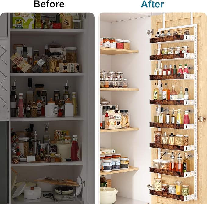 bukfen Over the Door Pantry Organizer, 8-Tier Adjustable Wooden Basket Kitchen Pantry Door Organization and Storage, 2 in 1 Wall Mount or Hanging Heavy-Duty Metal Hanging Kitchen Spice Rack,White-Ruum Studio Home