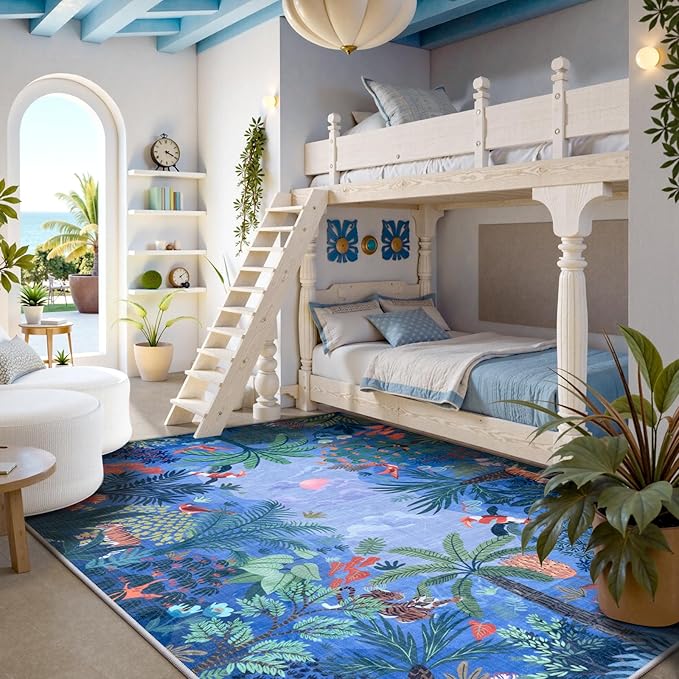 LIVEBOX Washable Bedroom Rug 8x10 Under Bed, Modern Stain Resistant Botanical Rug for Living Room Playroom Kids Boy Room, Non-Slip Jungle Forest Print Rugs for Nursery Baby-Ruum Studio Home