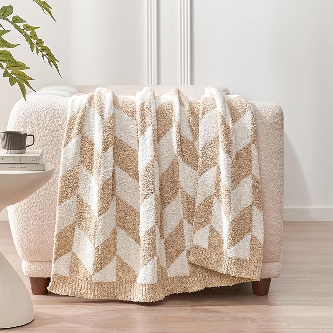 Snuggle Sac Beige Twin Size Blankets for Bed, Super Soft Warm Blankets Oversized Cozy Knit Fuzzy Blanket for Living Room, Chevron Beige,60x80 inches-Ruum Studio Home