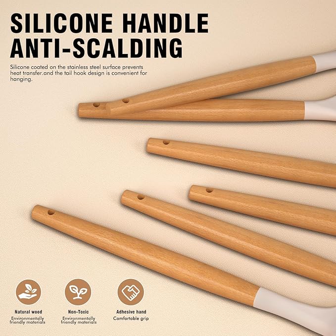 Silicone Cooking Utensils Set - Silicone Kitchen Utensils for Cooking Wooden Handles, 446°F Heat Resistant Kitchen Utensil Spatula Sets w Holder, Gadgets for Non-Stick Cookware BPA FREE (Khaki)-Ruum Studio Home
