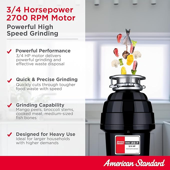 American Standard 10-US-AS-7 Garbage Disposal Anti-Jam Stainless Steel Food Waste Grinding System, Heavy Duty, 3/4 HP, Black-Ruum Studio Home