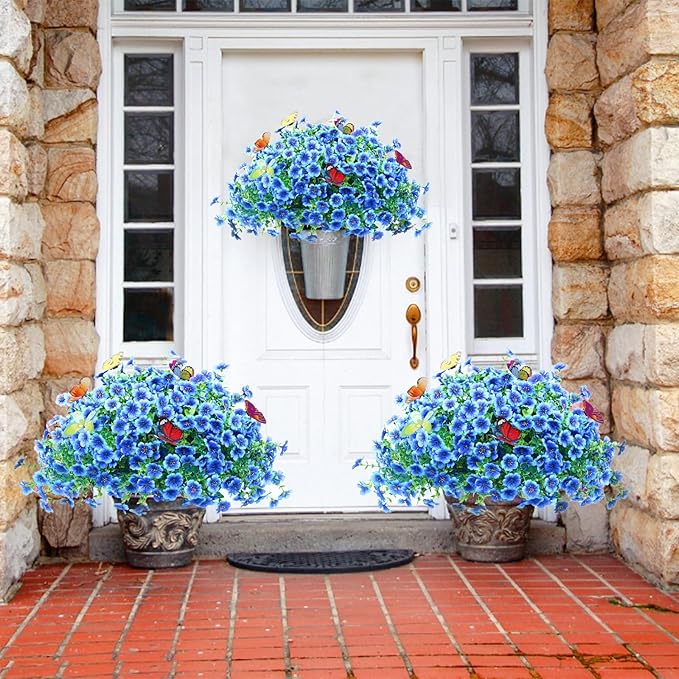 20 Bundles Artificial Flowers for Outdoors with 6 Faux Butterflies, UV Resistant Fake Flowers with Eucalyptus Leaves, Artificial Plants Outdoor for Patio Garden Porch Home Decor (Blue)-Ruum Studio Home