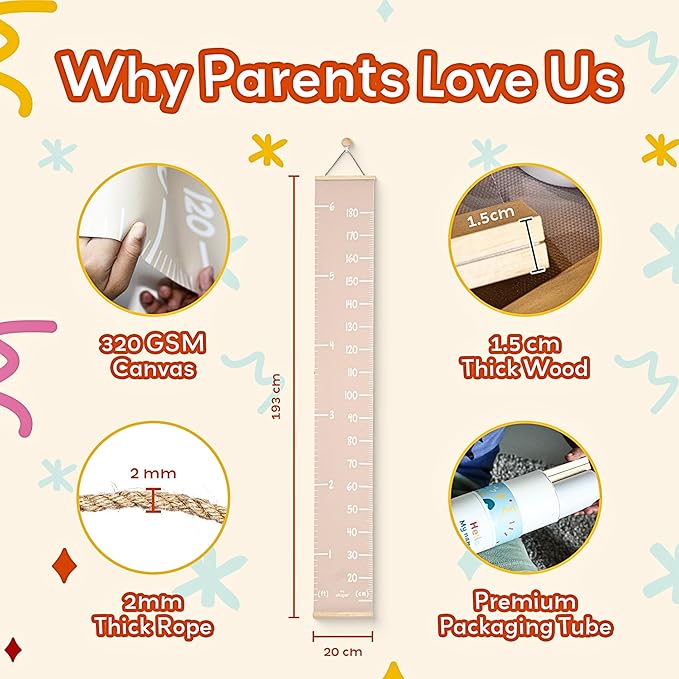 Height Chart for Kids Customizable Kids Height Wall Chart with Stickers, Marker & Hook Hanging Growth Chart Measurement for Wall Easy Installation for Baby Room Nursery and Playroom-Ruum Studio Home