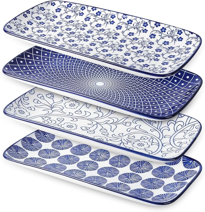 Selamica Ceramic Rectangular Salad Plates Set, Dinner Plate 9.4 Inch Dessert Plates for Party Entertaining, Small Serving Plates for Appetizers, Sushi, Fruit, Set of 4, Vintage Blue-Ruum Studio Home