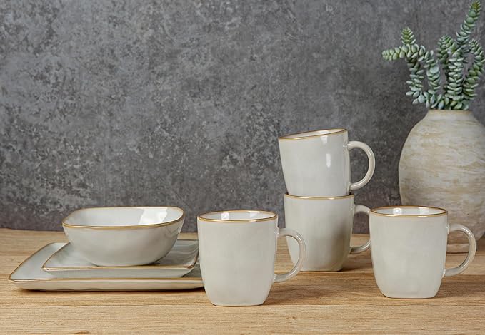 famiware Coffee Mugs Set of 4, Ocean Square 13oz Coffee Cup Set with Handle for Cocoa, Milk, Hot Chocolate, Stoneware Cups for Kitchen, Reactive Glaze, Microwave and Dishwasher Safe, Cappuccino White-Ruum Studio Home