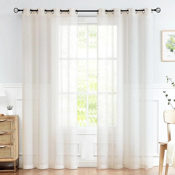 FMFUNCTEX Linen Sheer Curtains for Bedroom, Beige Curtains 96 Inches Long Semi Sheer Draperies for Living Room, Natural Cream White Light Filtering Farmhouse Curtain, Grommet Top 2 Panels-Ruum Studio Home