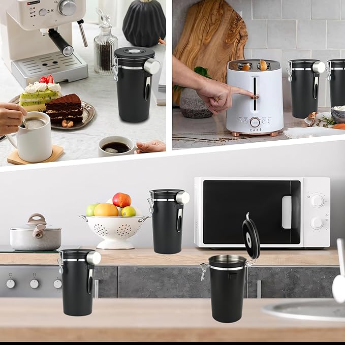 malmo Coffee Canister Set of 3, Airtight Coffee Container with Date Tracker Lid, Stainless Steel Canister for Kitchen Food Storage (Black, 180oz)-Ruum Studio Home