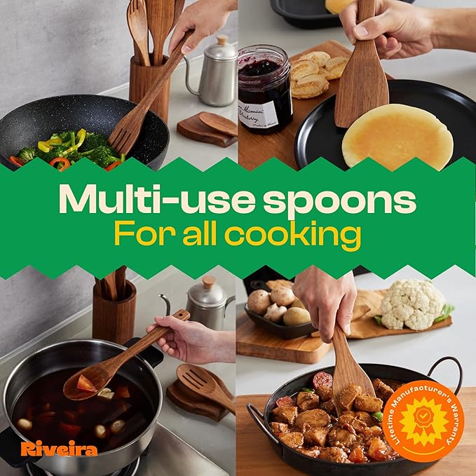 Riveira Teak Wooden Spoons for Cooking Set of 9 – Natural Teak Wooden Cooking Utensils, Wooden Spatula, Wooden Spoon - Premium Quality Wooden Utensil Set for Non-Toxic Cooking-Ruum Studio Home