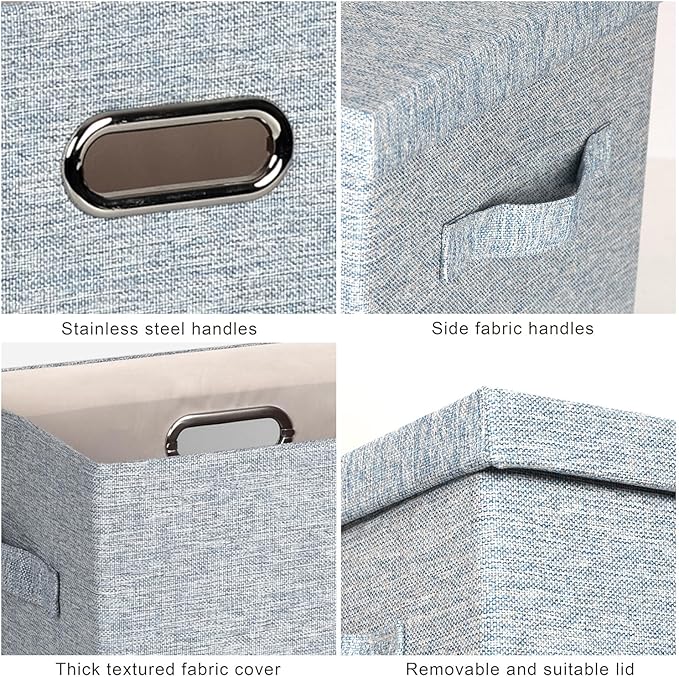 Large 17" 36 Quart Collapsible Stackable Storage Bins with Lids, 3 Packs Blue-Grey Linen Fabric Closet Boxes with Lids, Storage Cube Baskets Container Organizers for Bedroom (17x12x11)-Ruum Studio Home