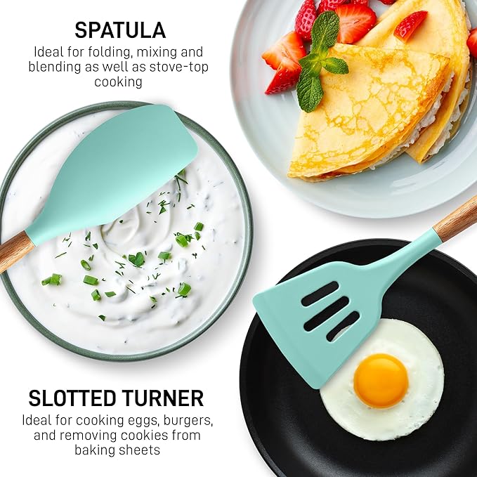 Zulay Kitchen Non-Stick Cooking Utensils Set with Authentic Acacia Wood Handles – 5-Piece Durable & Stylish Silicone Kitchen Utensils Set – Heat Resistant to 464°F – Aqua-Ruum Studio Home
