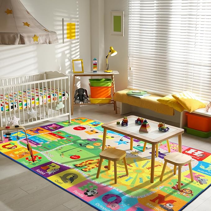 7x10 Playroom Rugs for Kids Washable, Educational and Fun Playmat with ABC Alphabet Animals Shapes Colors, Non-Slip Play Mat Learning Rugs for Baby Toddler Children Game Activity-Ruum Studio Home