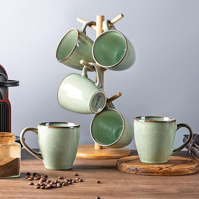 GBHOME Ceramic Coffee Mugs Set of 6, 12oz Stoneware Coffee Mugs Set For Dad Mom Women MEN, Light Weight Coffee Cups for Latte/Tea/Beer/Hot Cocoa, Dishwasher & Microwave Safe, Pastel Green-Ruum Studio Home