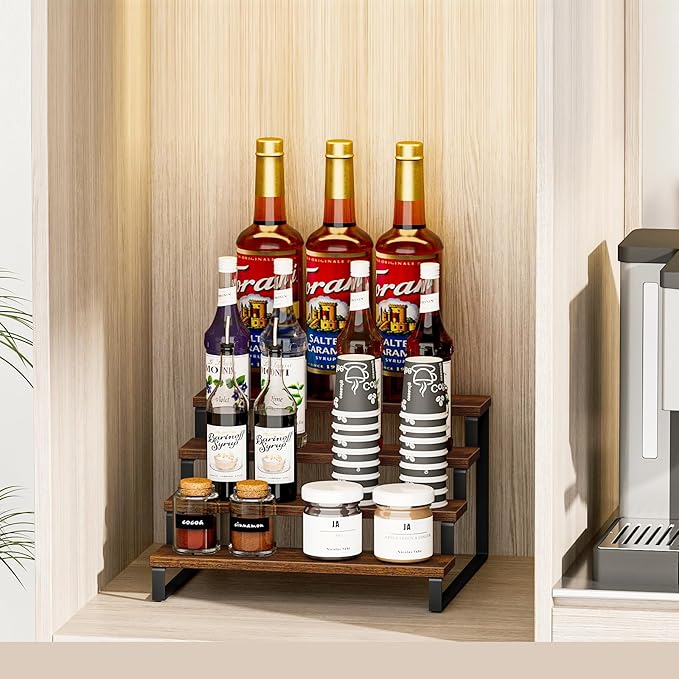 Giikin 4 Tier Spice Rack, Wooden Spice Rack for Countertop, Kitchen Counter Storage Shelves Cupcake Stand Holder Display Stand, Rustic Brown-Ruum Studio Home