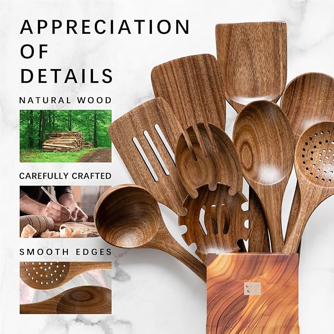 Wooden Spoons for Cooking, Nonstick Cooking Utensil Set with 9 Piece Acacia Wooden Spatulas and Spoons for Cooking, Terrific for Everyday Kitchen Tasks-Ruum Studio Home