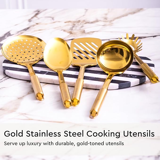 Gold Kitchen Utensils Set - 19-Piece Set Includes Stainless Steel Gold Utensils, White Silicone Tools, and Measuring Cups and Spoons - Luxury Kitchen Accessories for Modern Cooking, Serving, & Gifting-Ruum Studio Home