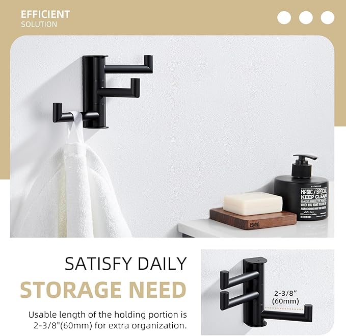 Angle Simple Swivel Towel Hook 3 Arms, SUS 304 Stainless Steel Foldable Bathroom Robe Towel Hook, Wall Coat Holder, Matte Black-Ruum Studio Home