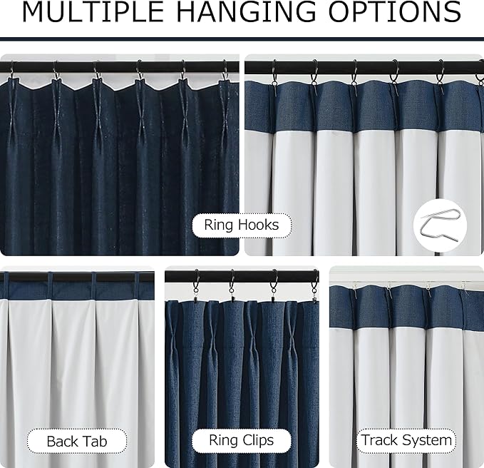 Vision Home Navy Blue Pinch Pleated Full Blackout Curtains Linen Blended Room Darkening Curtain Panels 120 inch for Living Room Bedroom Thermal Insulated Pinch Pleat Drapes with Hooks 40" Wx120 Lx2