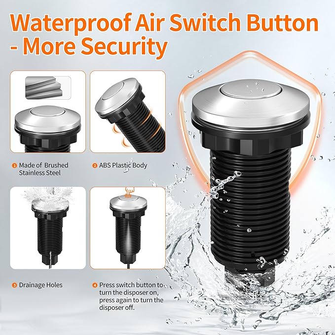 Joinfworld Garbage Disposal Button Kit, Garbage Disposal Air Switch Kit Sink Top Switch for Garbage Disposal Brushed Nickel Stainless Steel LONG 2.6" Air Switch Button - UL Listed-Ruum Studio Home
