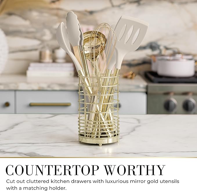 7-Piece Beige & Gold Kitchen Utensils Set – Non-Toxic Silicone & Stainless Steel Tools for Cooking, Serving, & Hosting – Ideal for Nonstick Cookware & Modern Kitchens, with Gold Utensil Holder-Ruum Studio Home