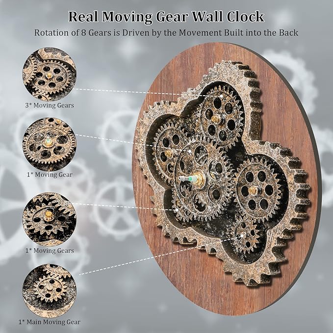 HOIBAI Large Wall Clock, Wall Clocks for Living Room Decor 20 Inch Farmhouse Vintage Rustic Kitchen Wall Decor Vintage Roman Oversized Wall Clock for Home Bedroom House, Moving Gears Clock-Ruum Studio Home