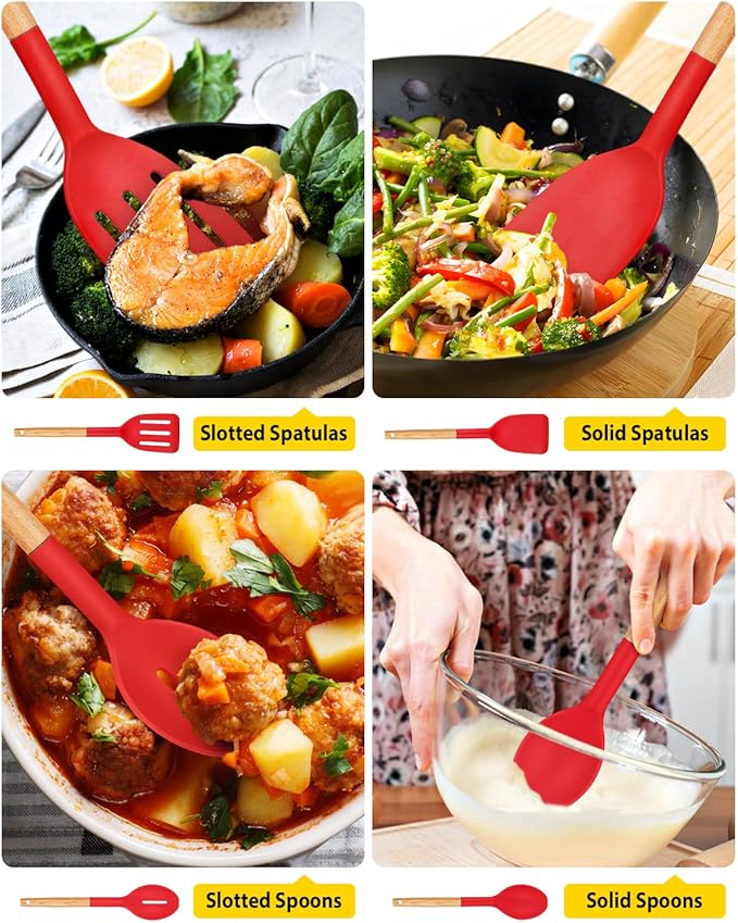 Pack of 4 Silicone Cooking Utensils Set, Non Stick Solid Spatulas and Heat Resistant Slotted Spoons with Wooden Handle, Ideal Wood Kitchen Utensils Set for Frying,Serving,Turning,Stirring (RED)-Ruum Studio Home
