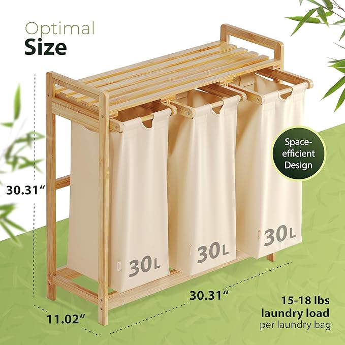 Laundry Hamper 3 Section beige - Large Bamboo Laundry Sorter with Removable Cotton Bags -Three Compartment Organizer for Clothes - Durable, Eco-Friendly, and Stylish Storage Solution for Home-Ruum Studio Home