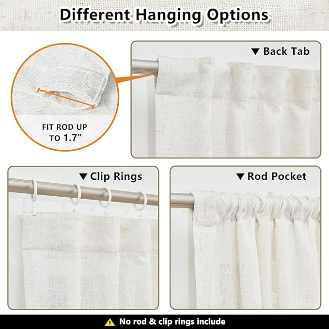 MYSKY HOME Country Curtains for Sliding Glass Door, Back Tab Semi Sheer Curtain Panels Extra Long Floor Length Drapes Linen Texture Soft Touch, 50x108 Inch, Linen, Set of 2-Ruum Studio Home