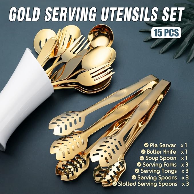 Gold Serving Utensils, OGORI 15-Piece Stainless Steel Gold Serving Utensils Set Include Serving Spoons, Slotted Serving Spoons, Serving Tongs, Serving Forks, Butter Knife, Soup Ladle, Pie Server-Ruum Studio Home