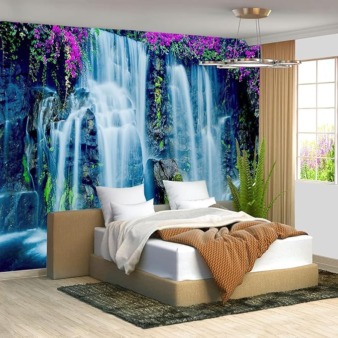 FENDROM Waterfall Tapestry Purple Forest Wild Flowers Floral Mountain Jungle Plants Nature Landscape Wall Hanging Bedroom Living Room Hanging Decorative Blanket-Ruum Studio Home