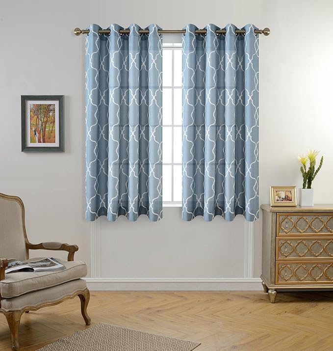 MIUCO Moroccan Embroidery Semi Sheer Curtains Faux Linen Grommet Curtains for Bedroom 52 x 63 Inch 2 Panels, Dusty Blue-Ruum Studio Home