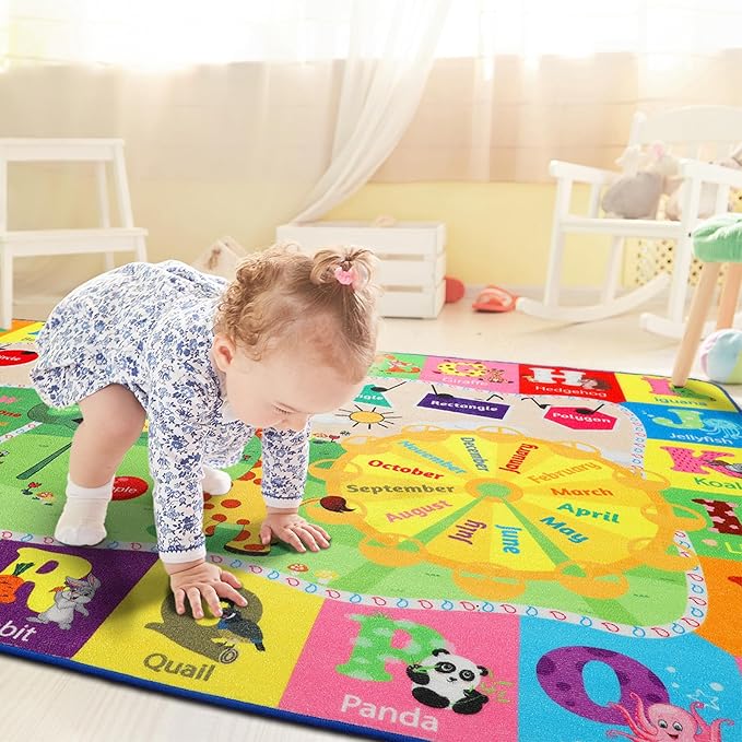 5x7 Playroom Rugs for Kids Washable, Educational and Fun Playmat with ABC Alphabet Animals Shapes Colors, Non-Slip Play Mat Learning Rugs for Baby Toddler Children Game Activity-Ruum Studio Home