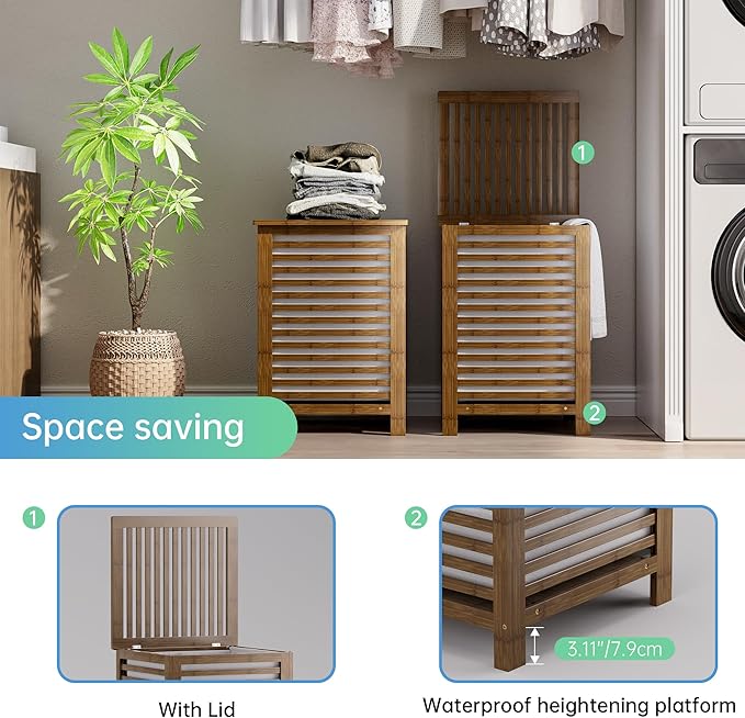 SMIBUY Double Laundry Hamper with Lid, 120L Bamboo Laundry Basket with Removable Liner Bag, 2-Section Clothes Divider Laundry Sorter for Laundry Room, Bathroom, Bedroom (Walnut)-Ruum Studio Home