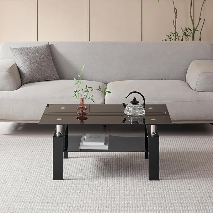 Black Glass Coffee Table for Living Room, Mordern Rectangle Tempered Glass Sofa Center Tables with Black Metal Leg for Home Office-Ruum Studio Home